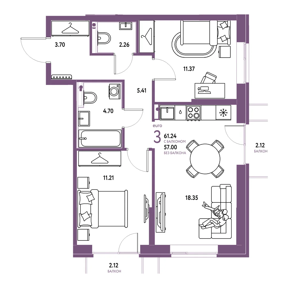 Планировка: Европейский берег 2.0 3-комнатная 61,24м²