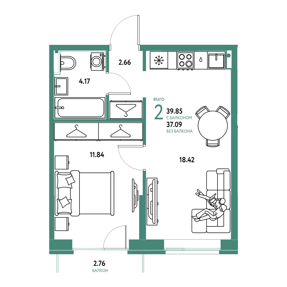 Планировка: Европейский берег 2.0 2-комнатная 39,85м²