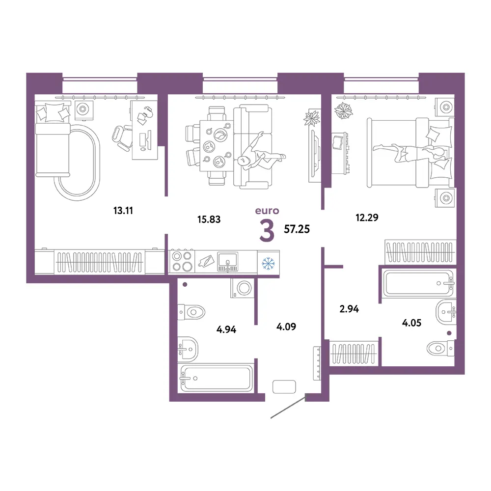 Планировка: Европейский берег 2.0 3-комнатная 57,25м²