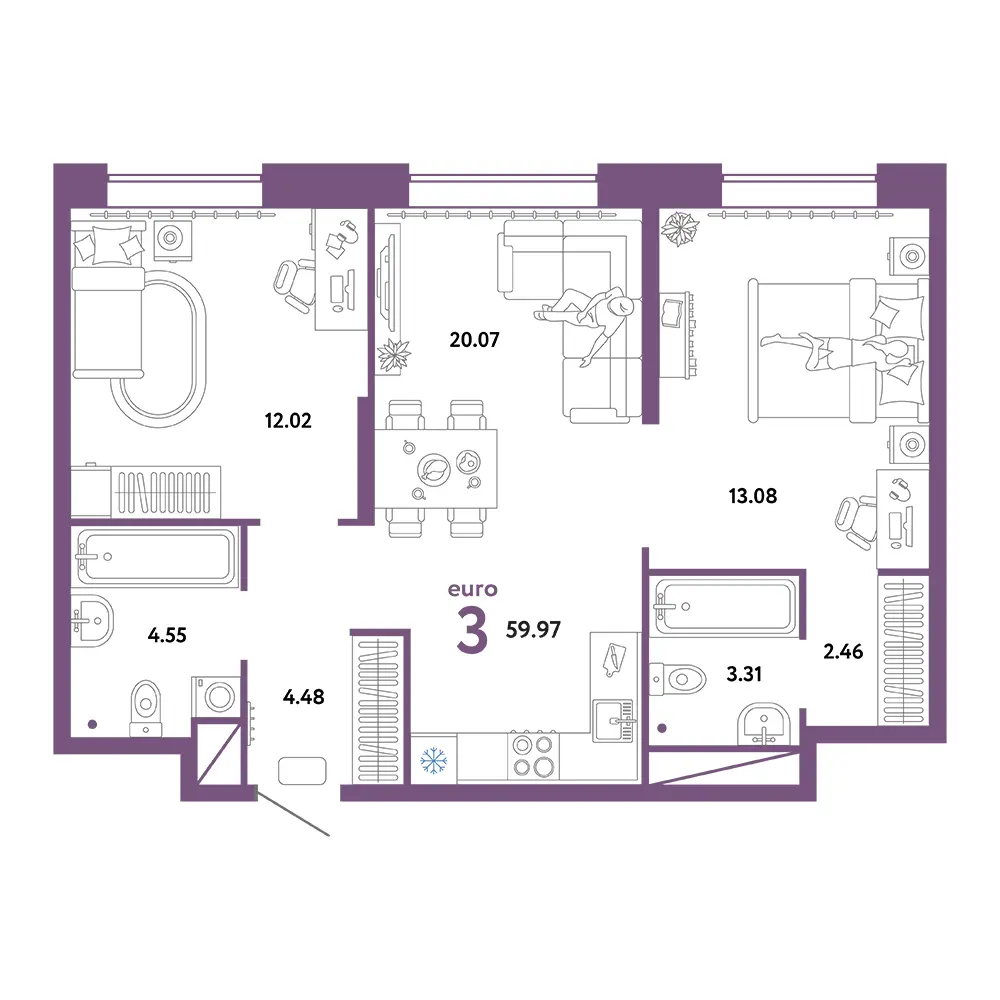 Планировка: Европейский берег 2.0 3-комнатная 59,97м²