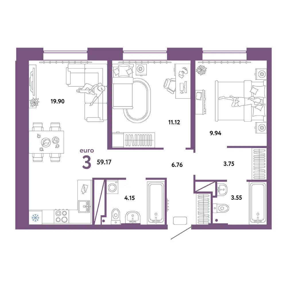 Планировка: Европейский берег 2.0 3-комнатная 59,17м²