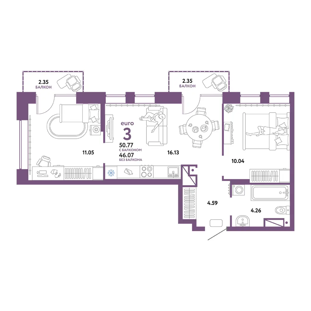 Планировка: Европейский берег 2.0 3-комнатная 50,77м²