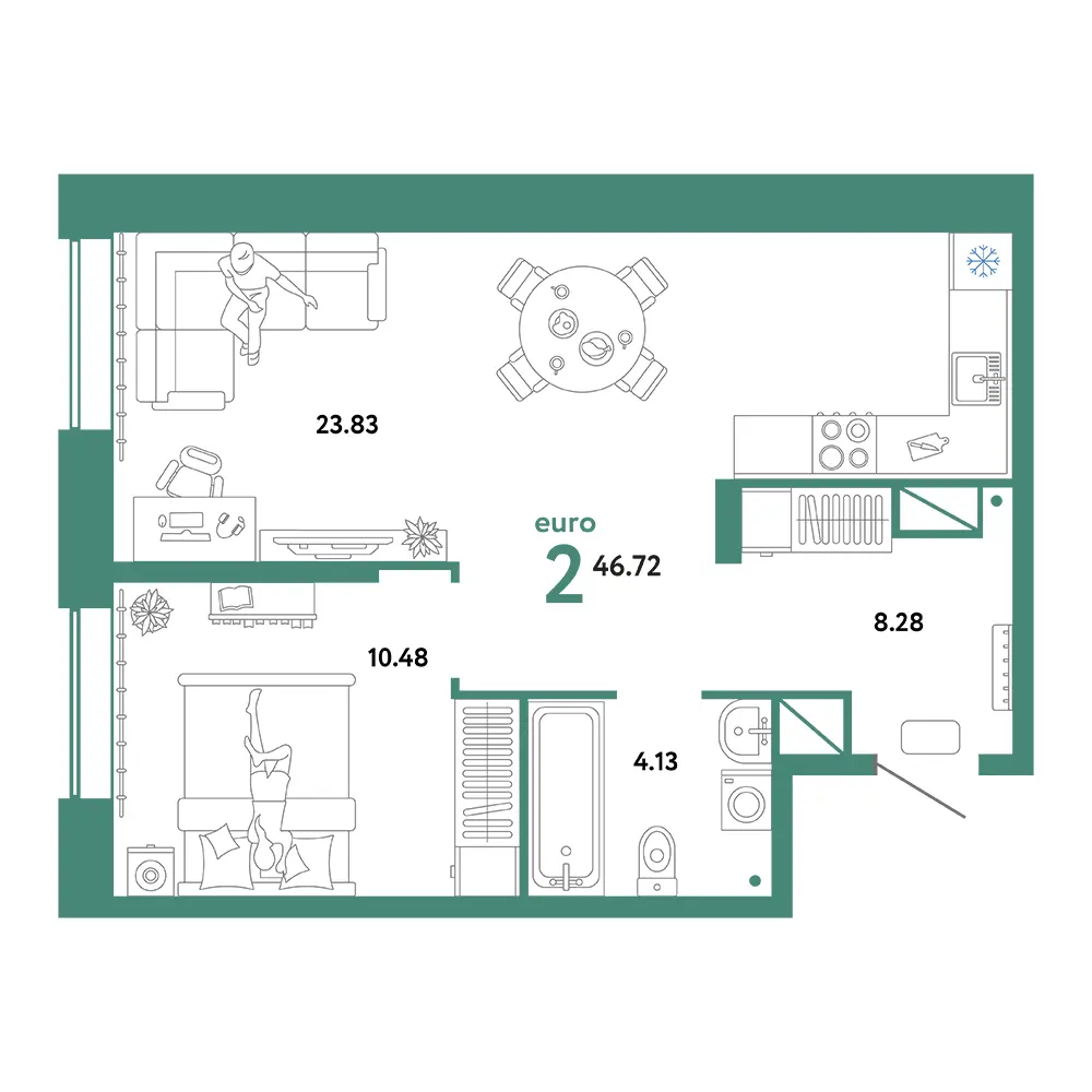Планировка: Европейский берег 2.0 2-комнатная 46,72м²