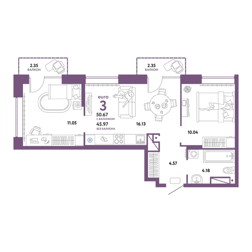 Планировка: Европейский берег 2.0 3-комнатная 50,67м²