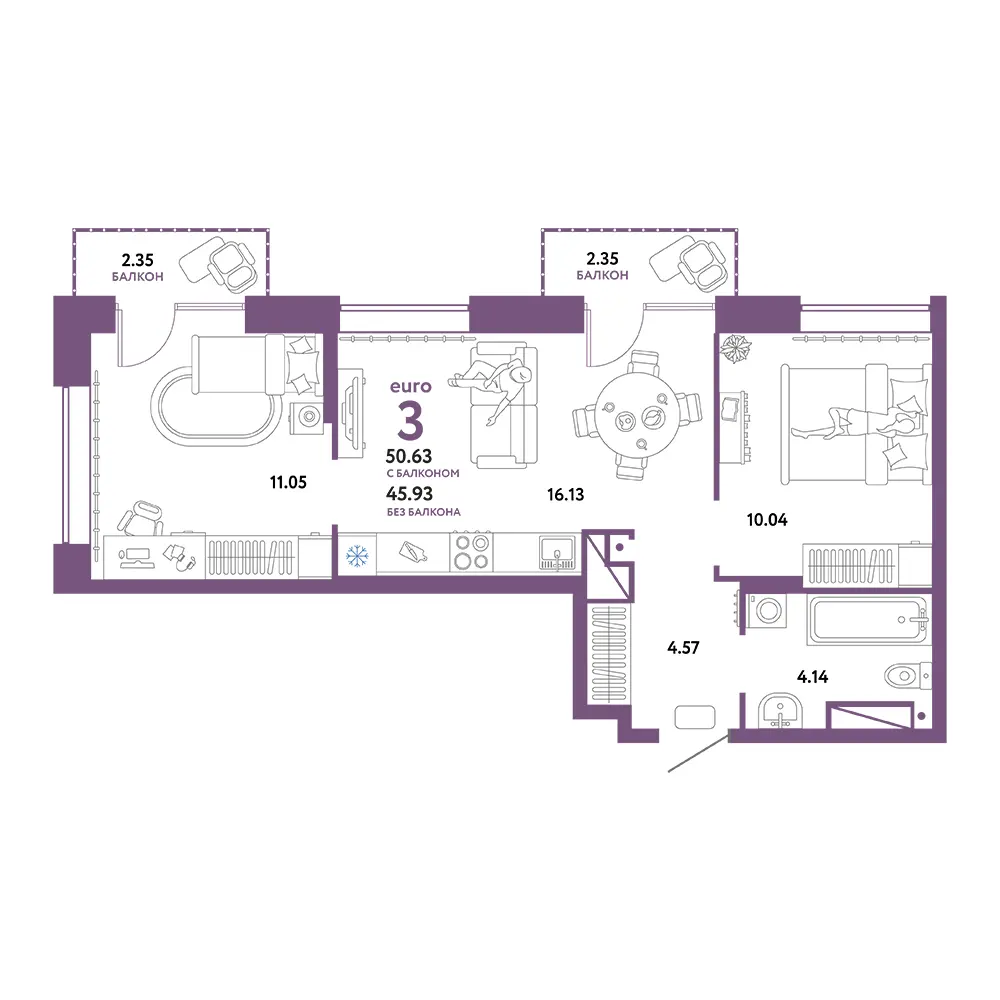 Планировка: Европейский берег 2.0 3-комнатная 50,63м²