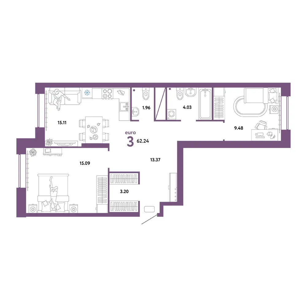 Планировка: Европейский берег 2.0 3-комнатная 62,24м²