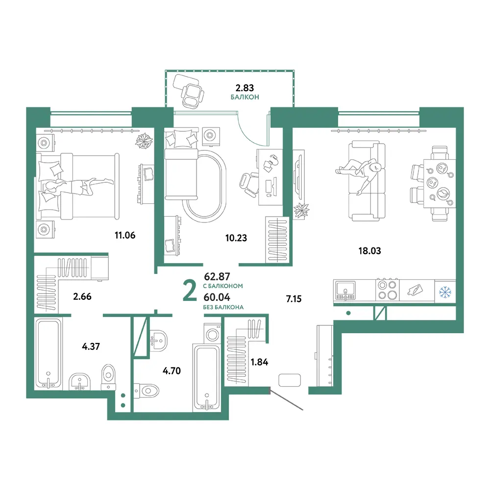 Планировка: Европейский берег 2.0 2-комнатная 62,87м²