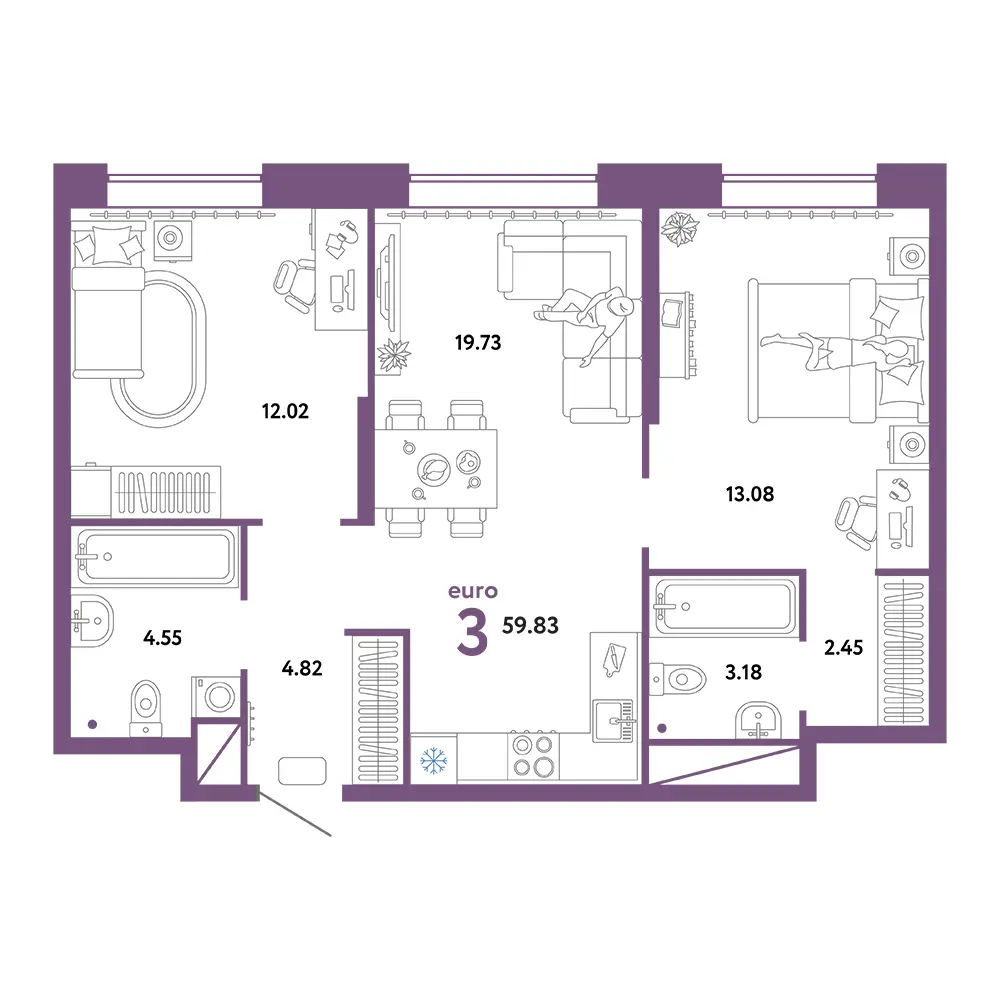 Планировка: Европейский берег 2.0 3-комнатная 59,83м²