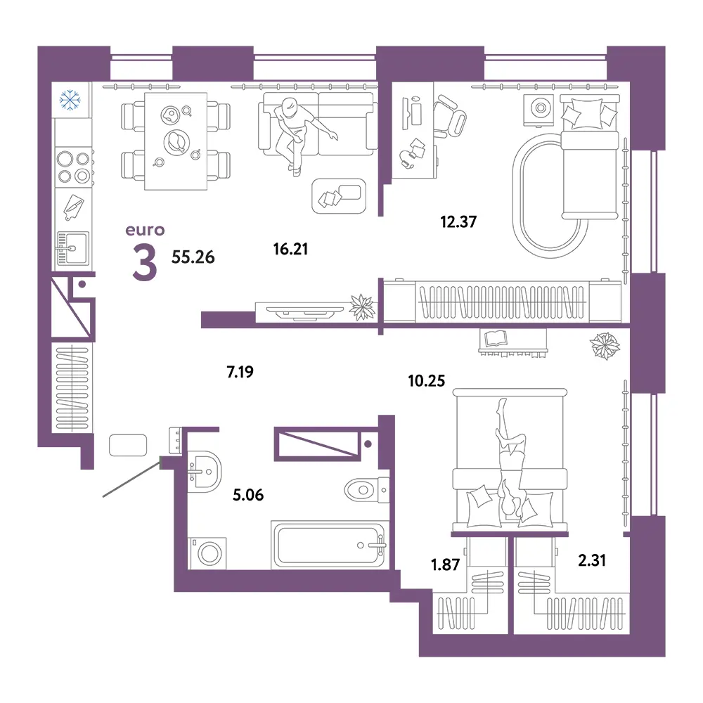 Планировка: Европейский берег 2.0 3-комнатная 55,26м²