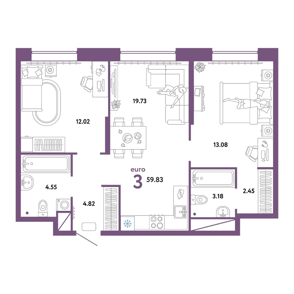 Планировка: Европейский берег 2.0 3-комнатная 59,83м²