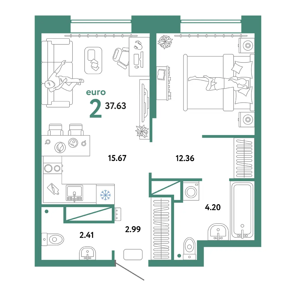 Планировка: Европейский берег 2.0 2-комнатная 37,63м²