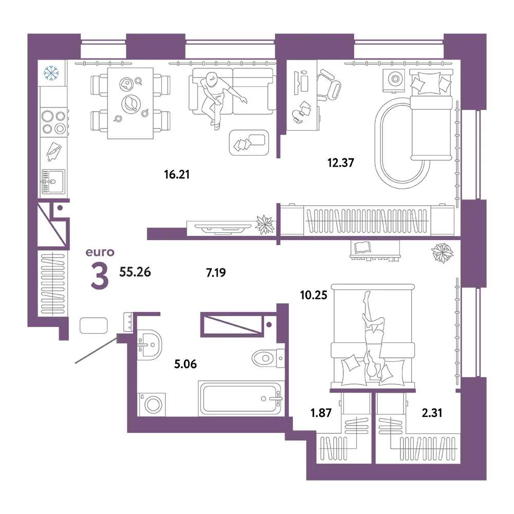 Планировка: Европейский берег 2.0 3-комнатная 55,26м²