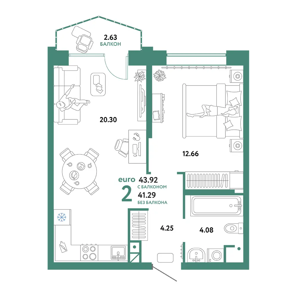 Планировка: Европейский берег 2.0 2-комнатная 43,92м²