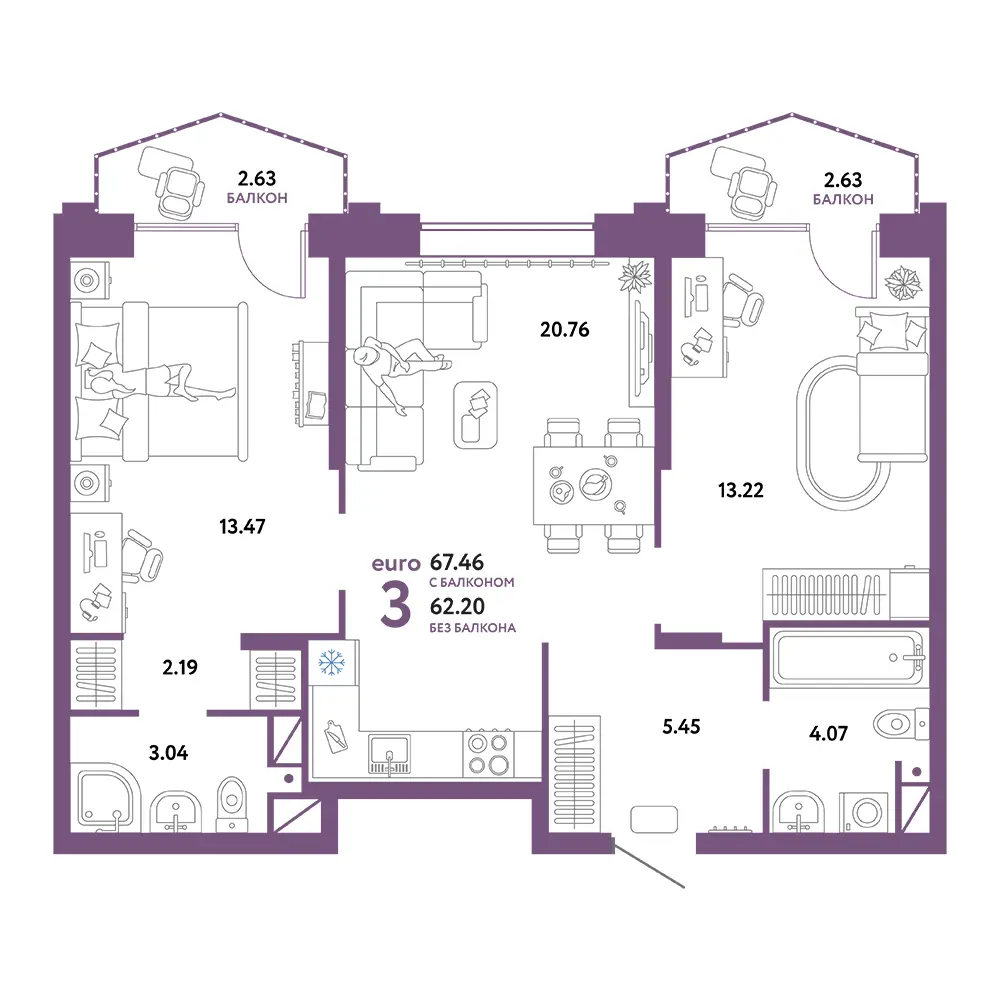 Планировка: Европейский берег 2.0 3-комнатная 67,46м²