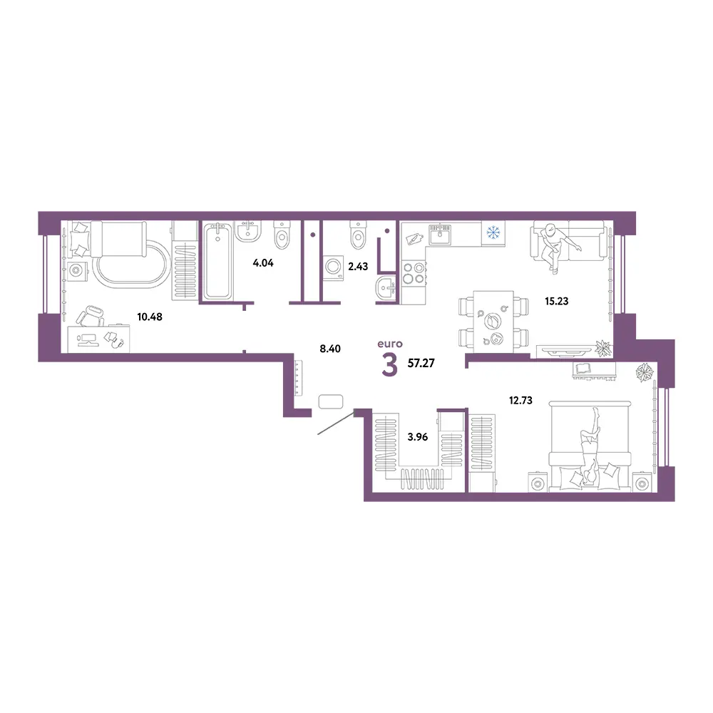 Планировка: Европейский берег 2.0 3-комнатная 57,27м²