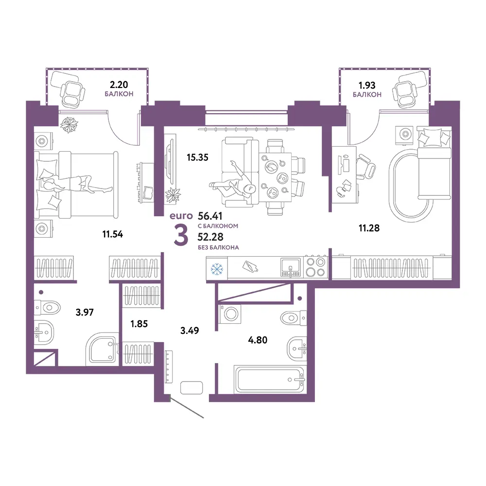 Планировка: Европейский берег 2.0 3-комнатная 56,41м²