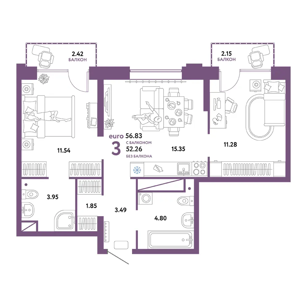 Планировка: Европейский берег 2.0 3-комнатная 56,83м²