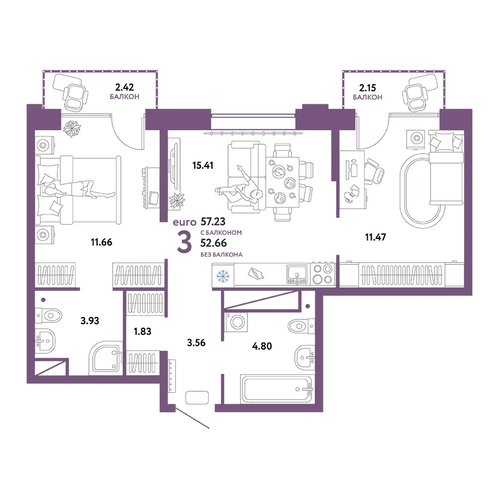 Планировка: Европейский берег 2.0 3-комнатная 57,23м²
