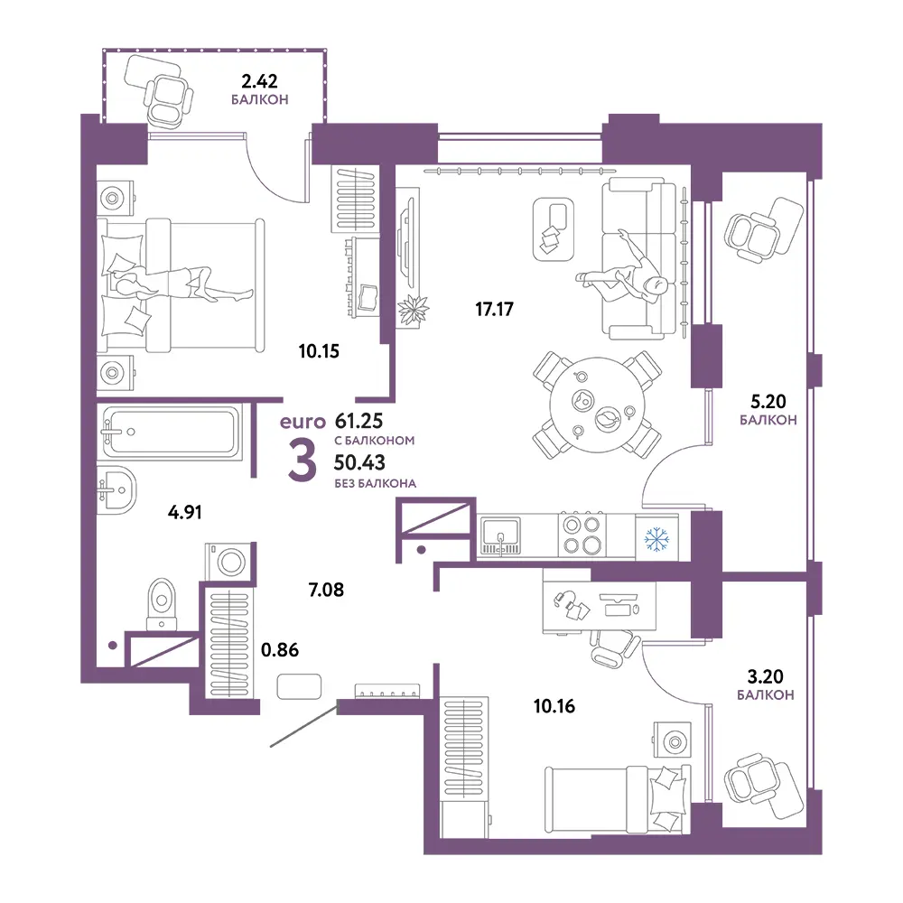Планировка: Европейский берег 2.0 3-комнатная 61,25м²