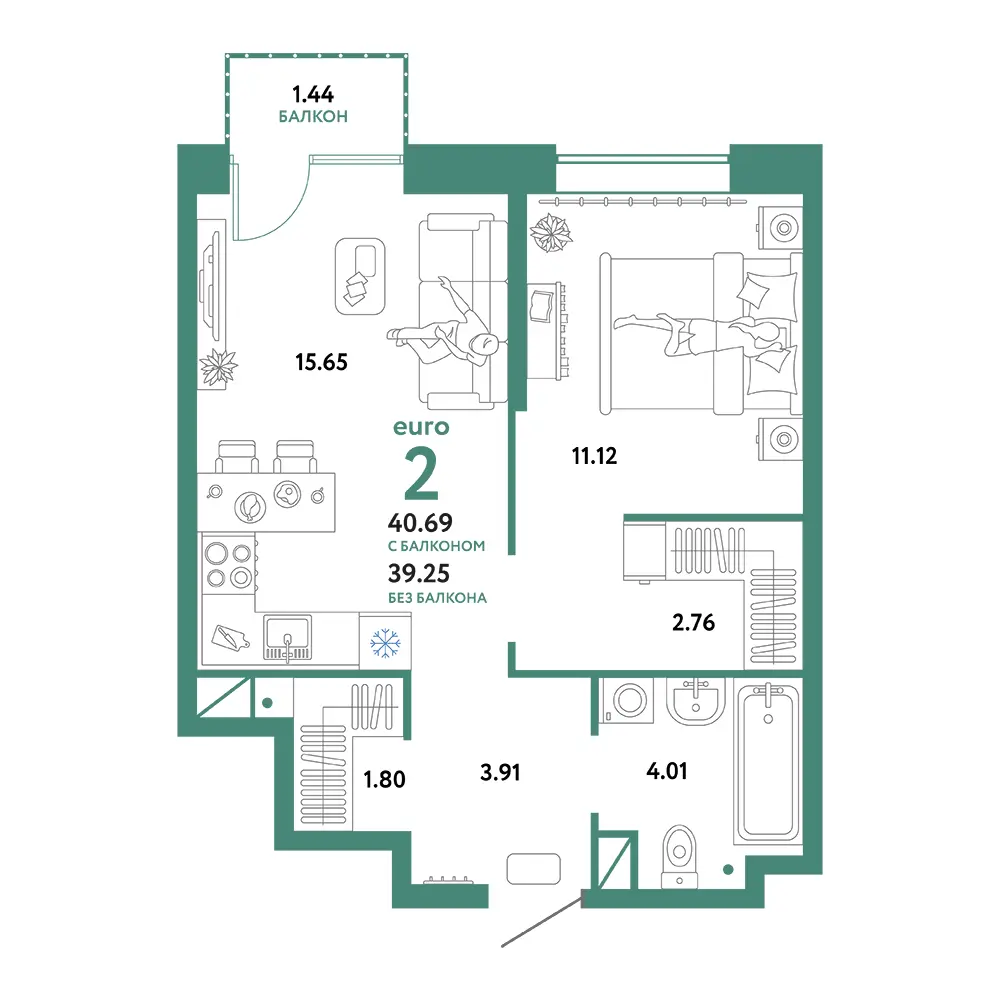 Планировка: Европейский берег 2.0 2-комнатная 40,69м²