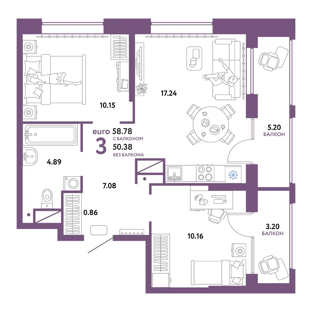 Планировка: Европейский берег 2.0 3-комнатная 58,78м²