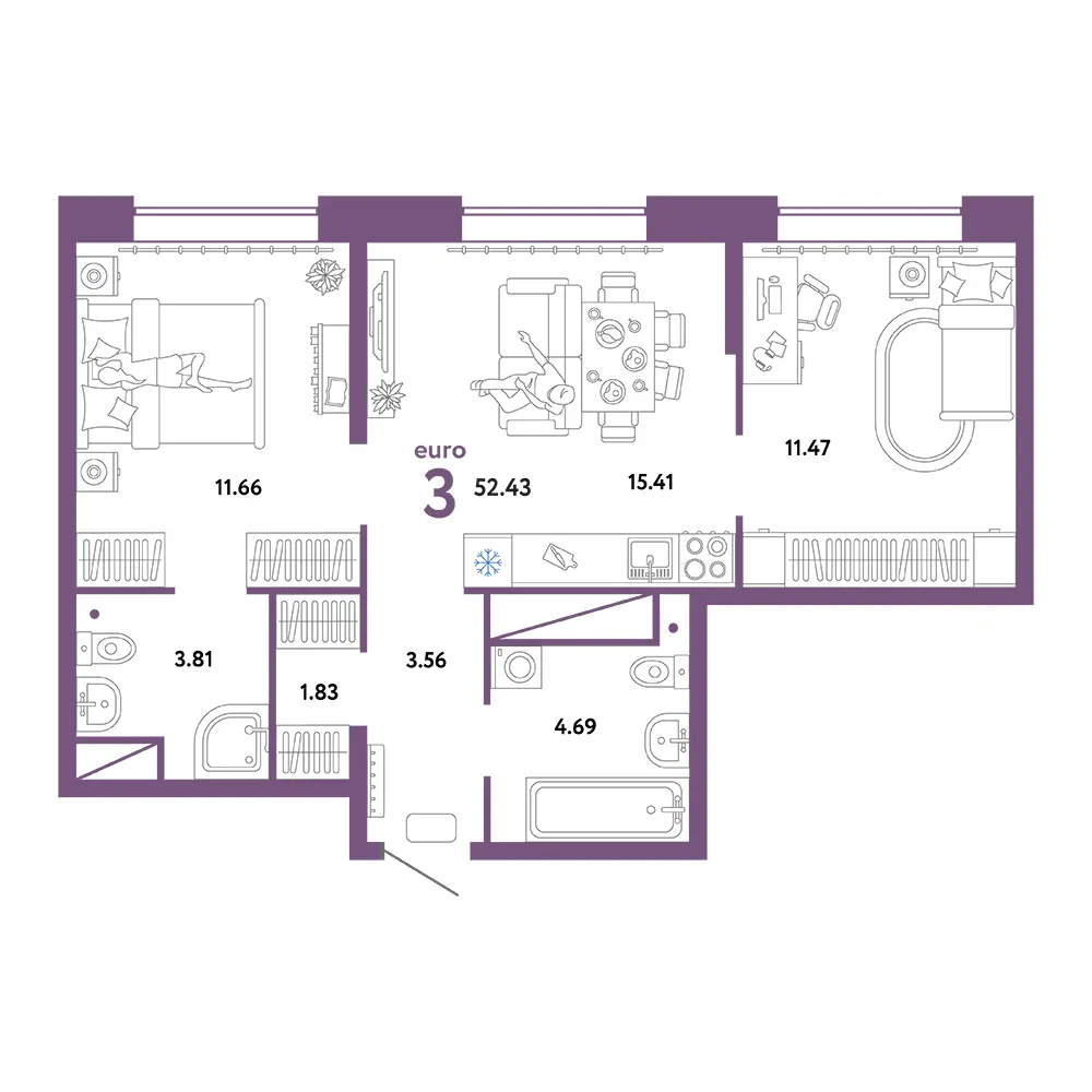Планировка: Европейский берег 2.0 3-комнатная 52,43м²