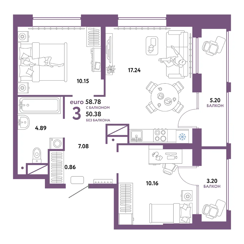 Планировка: Европейский берег 2.0 3-комнатная 58,78м²