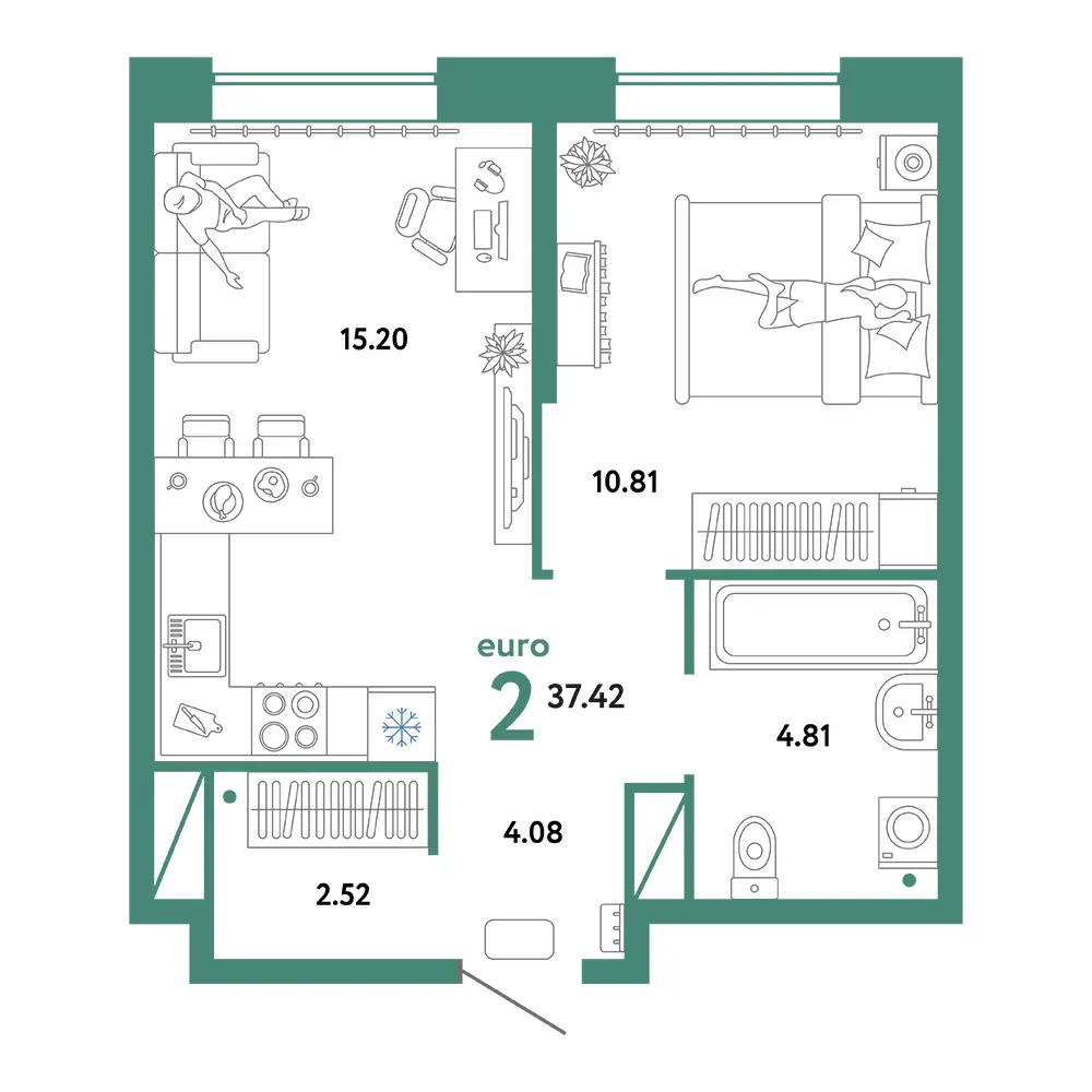 Планировка: Европейский берег 2.0 2-комнатная 37,42м²