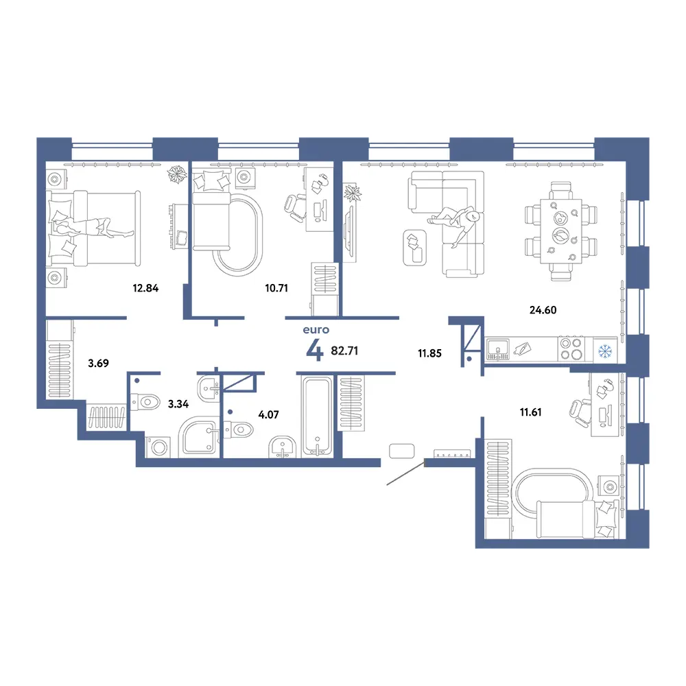 Планировка: Европейский берег 2.0 4-комнатная 82,71м²
