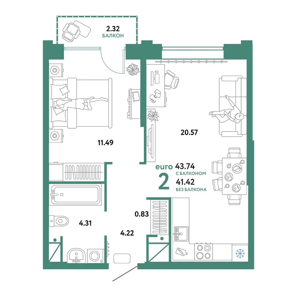 Планировка: Европейский берег 2.0 2-комнатная 43,74м²