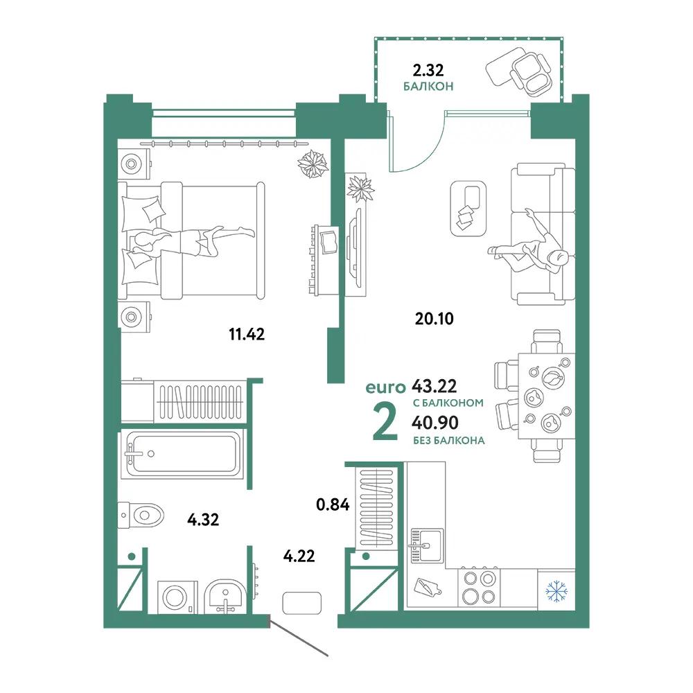Планировка: Европейский берег 2.0 2-комнатная 43,22м²