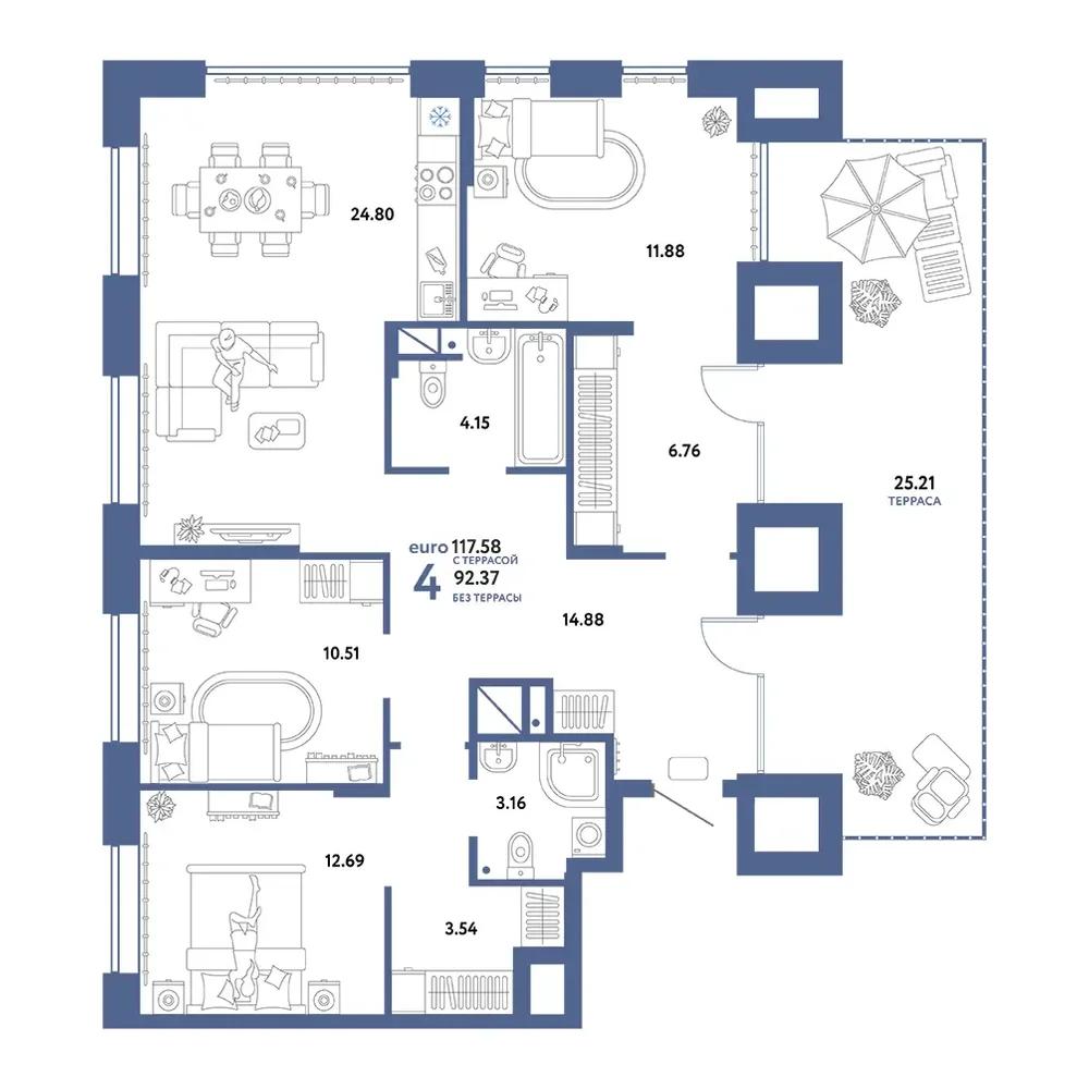 Планировка: Европейский берег 2.0 4-комнатная 117,58м²