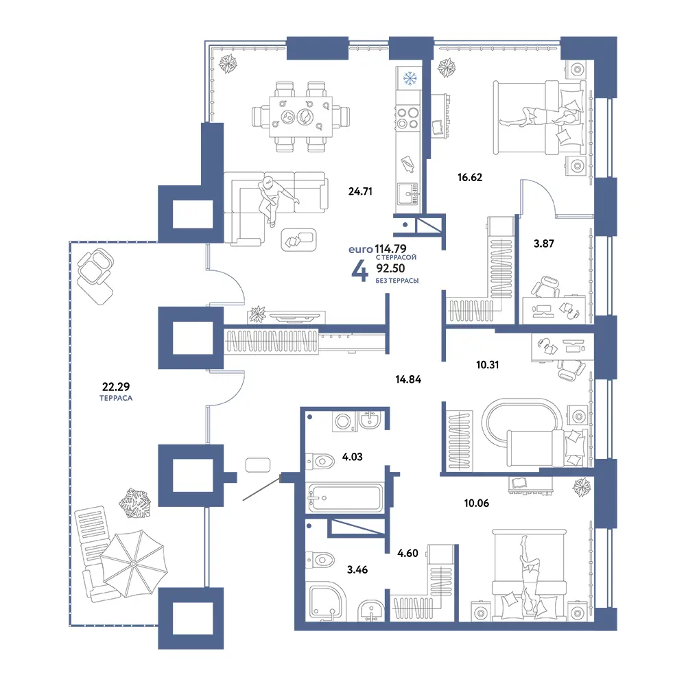 Планировка: Европейский берег 2.0 4-комнатная 114,79м²