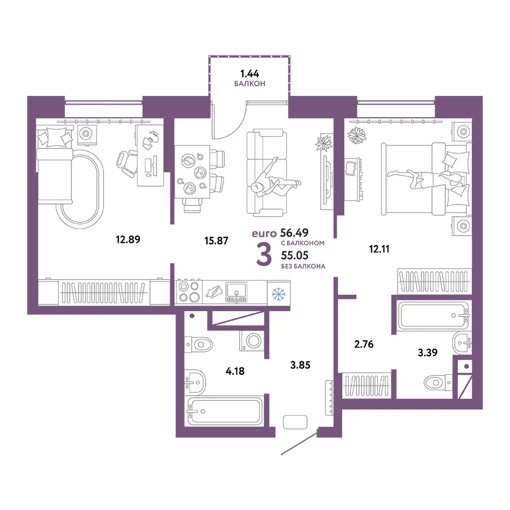 Планировка: Европейский берег 2.0 3-комнатная 56,49м²
