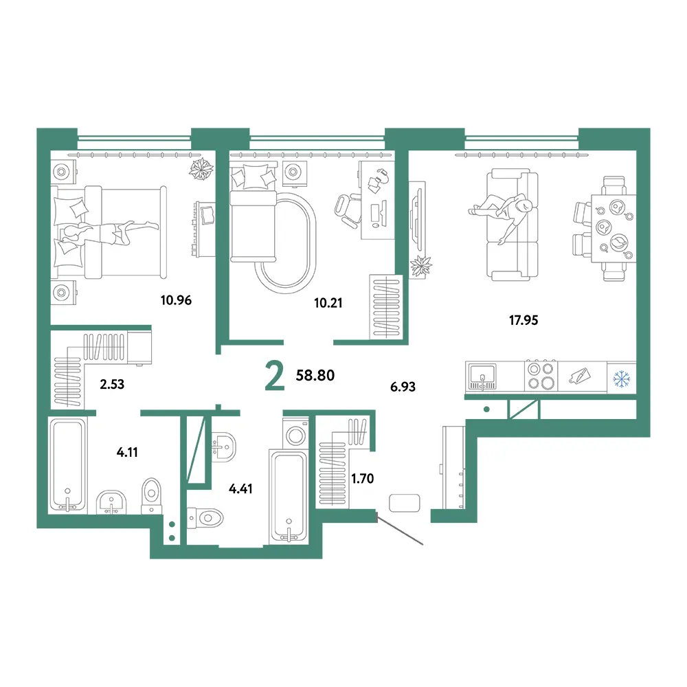 Планировка: Европейский берег 2.0 3-комнатная 58,80м²