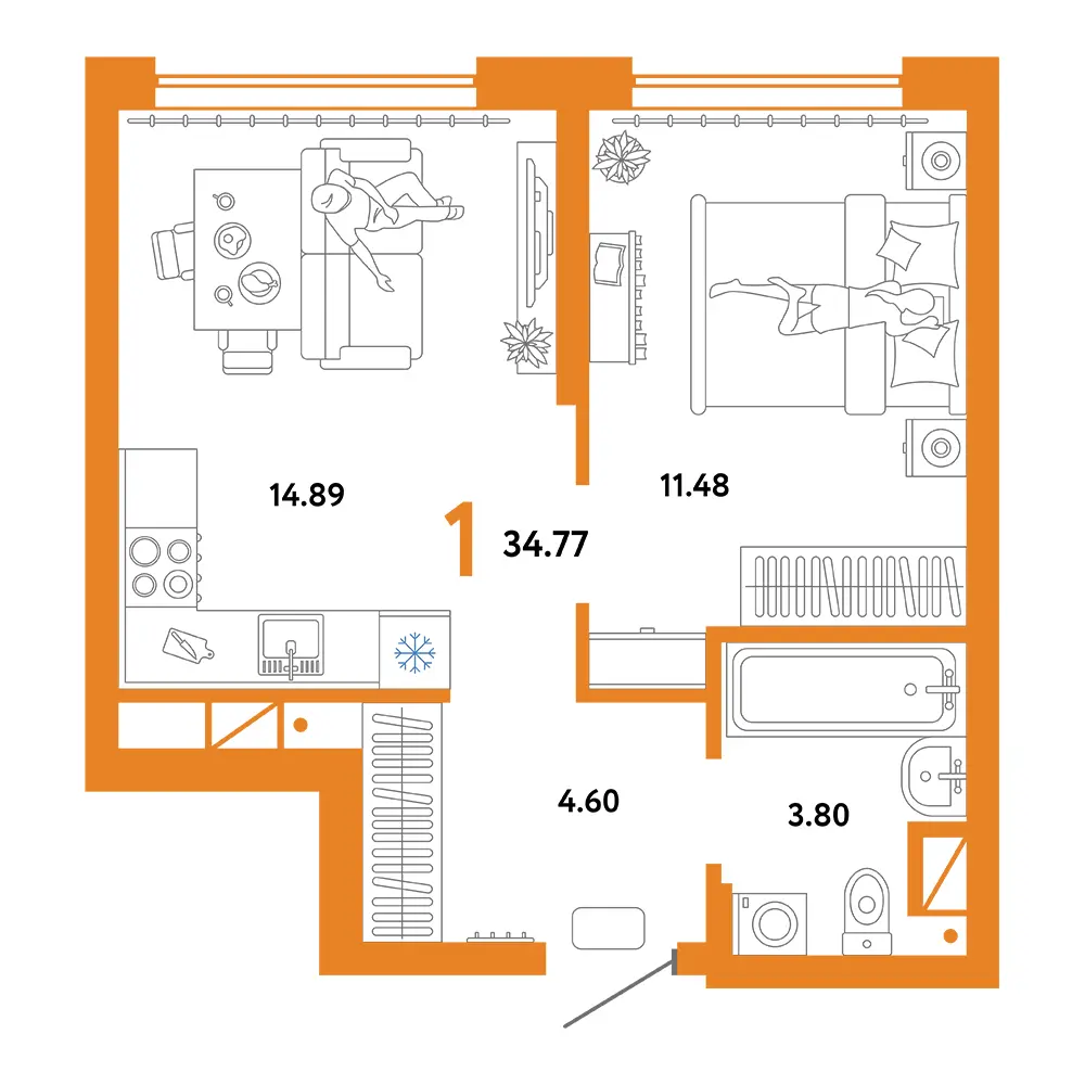 Планировка: Европейский берег 2.0 1-комнатная 34,77м²