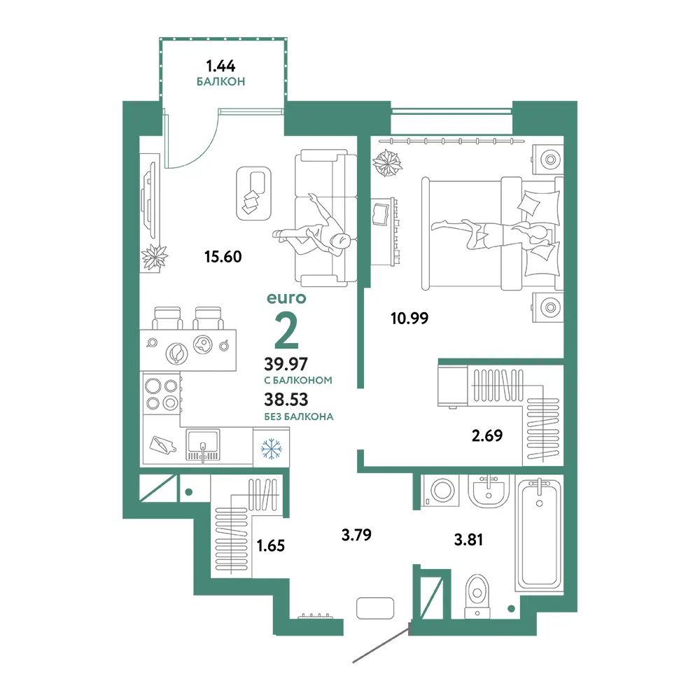 Планировка: Европейский берег 2.0 2-комнатная 39,97м²