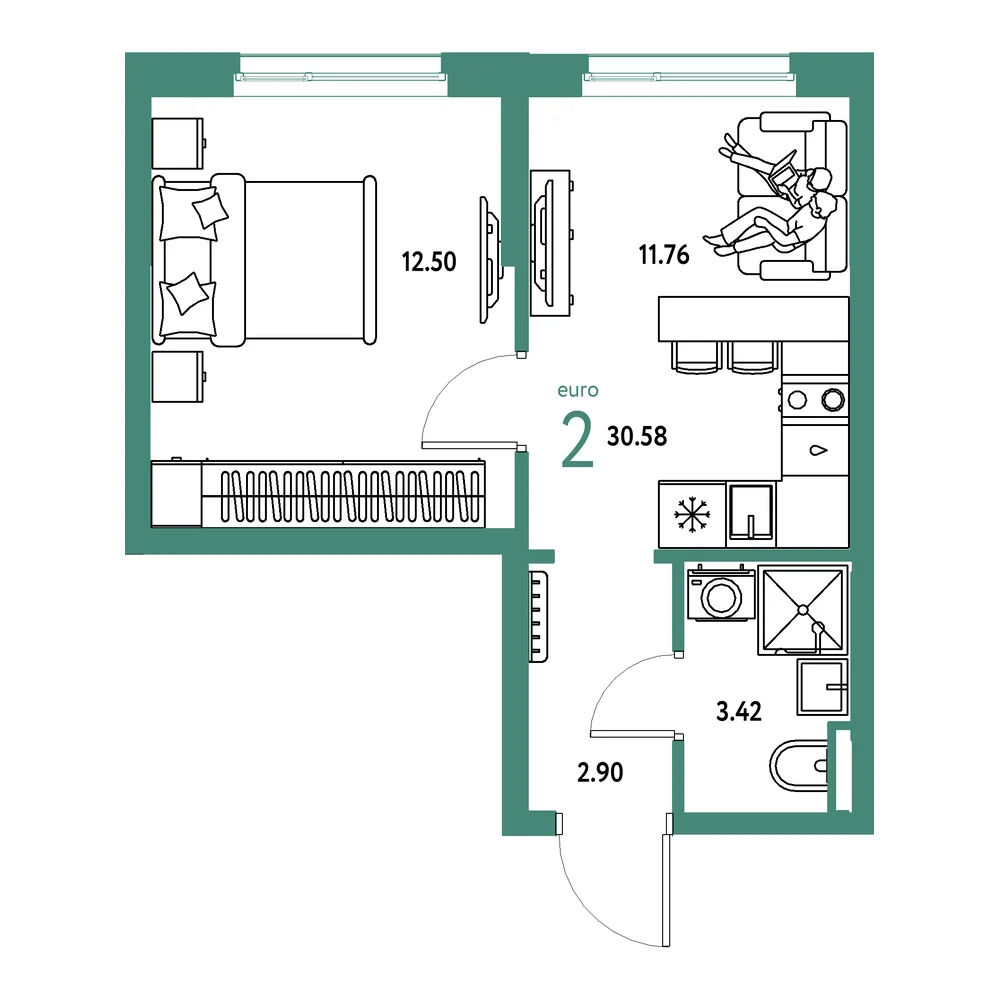 Планировка: Остров-сад 2-комнатная 30,58м²