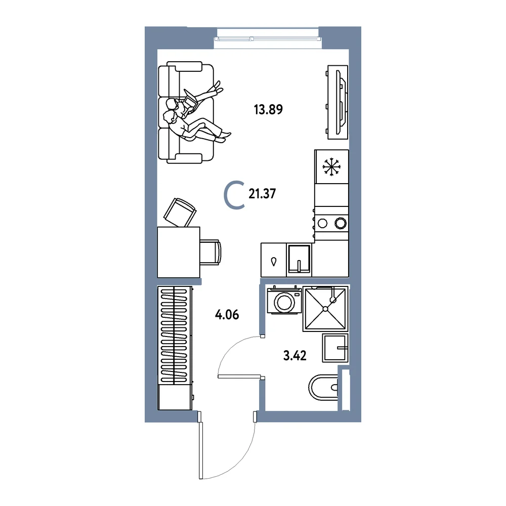 Планировка: Остров-сад Студия 21,37м²