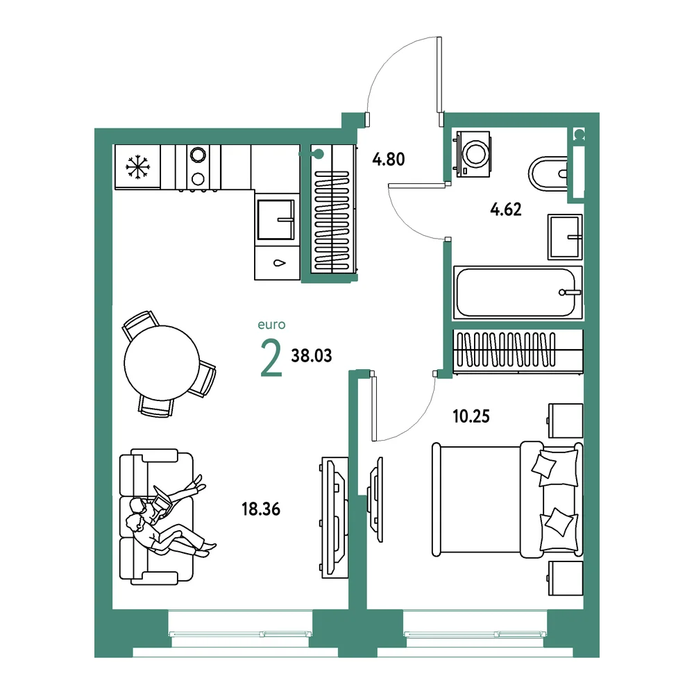 Планировка: Остров-сад 2-комнатная 38,03м²