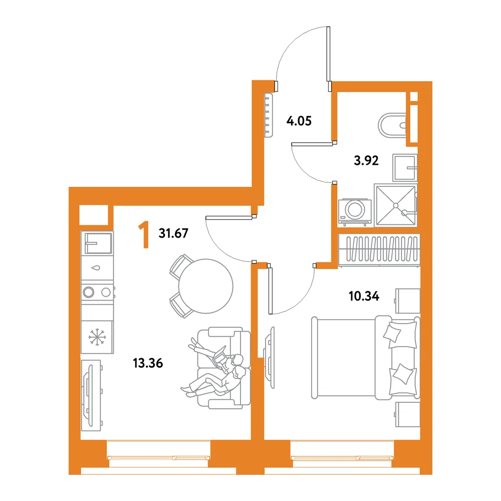 Планировка: Остров-сад 1-комнатная 31,67м²