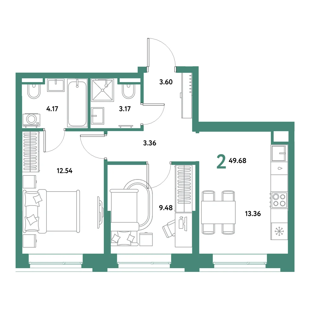 Планировка: Остров-сад 2-комнатная 49,68м²
