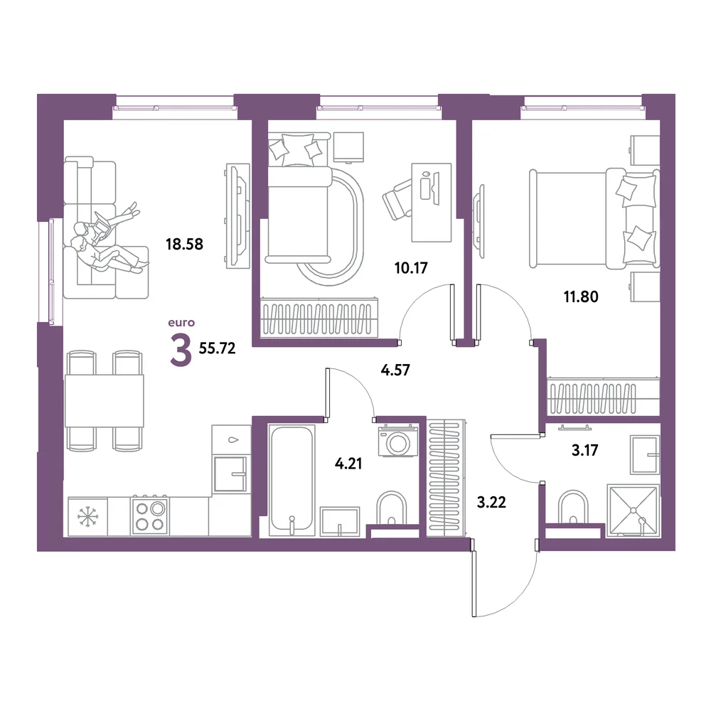 Планировка: Остров-сад 3-комнатная 55,72м²