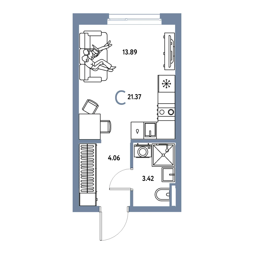 Планировка: Остров-сад Студия 21,37м²