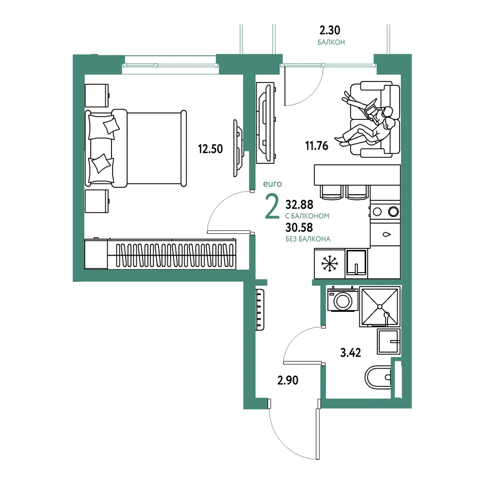 Планировка: Остров-сад 2-комнатная 32,88м²