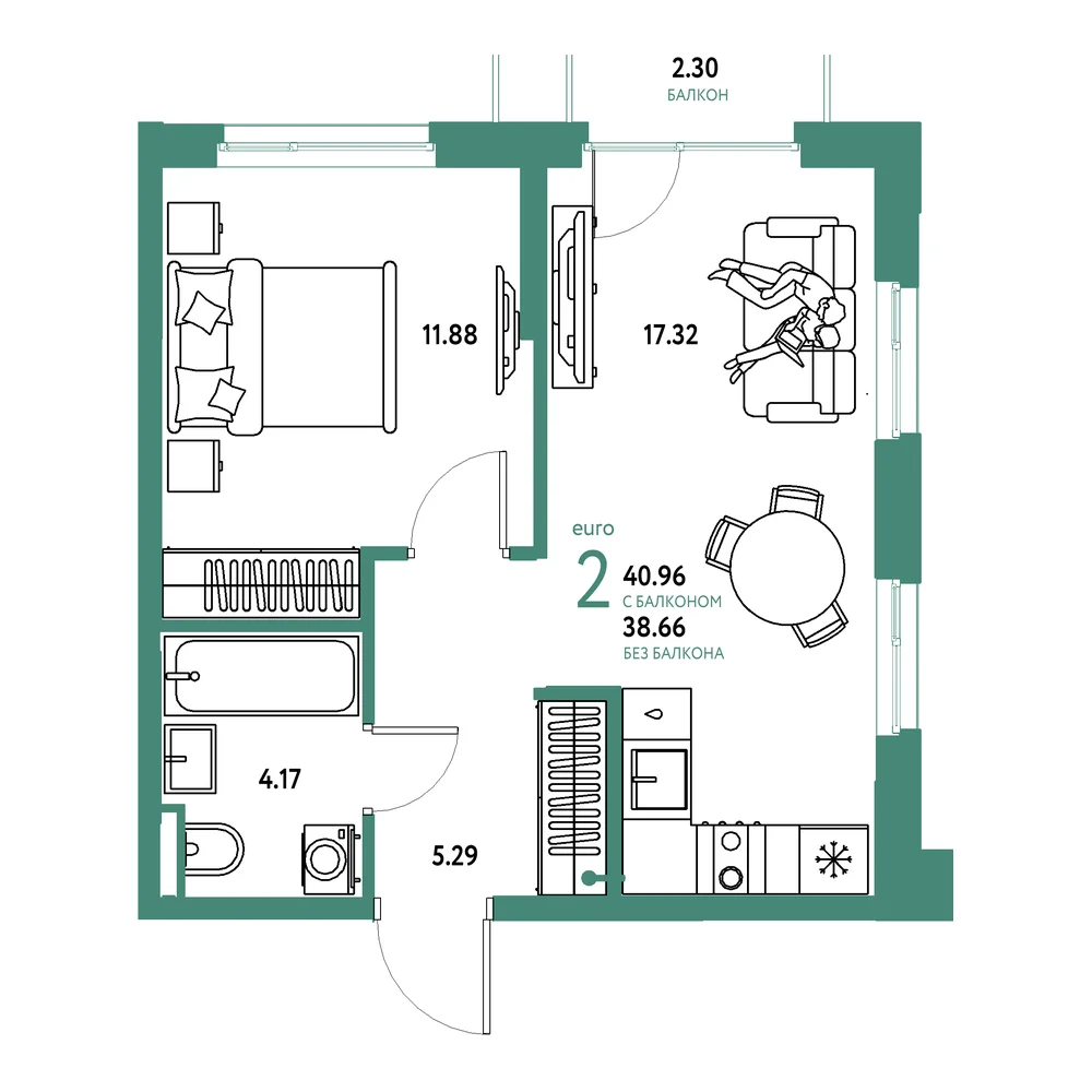 Планировка: Остров-сад 2-комнатная 40,96м²