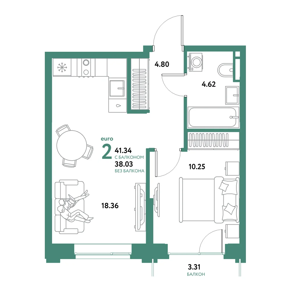 Планировка: Остров-сад 2-комнатная 41,34м²