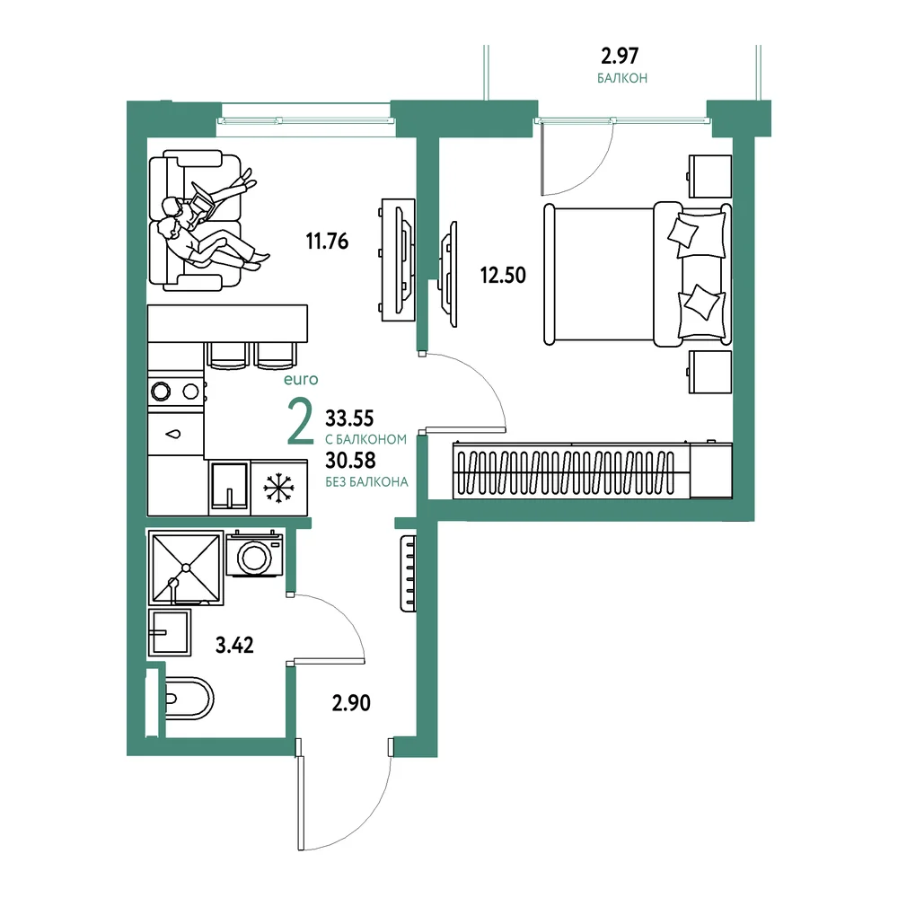 Планировка: Остров-сад 2-комнатная 33,55м²