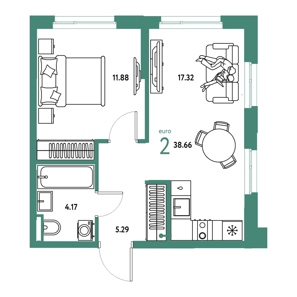 Планировка: Остров-сад 2-комнатная 38,66м²