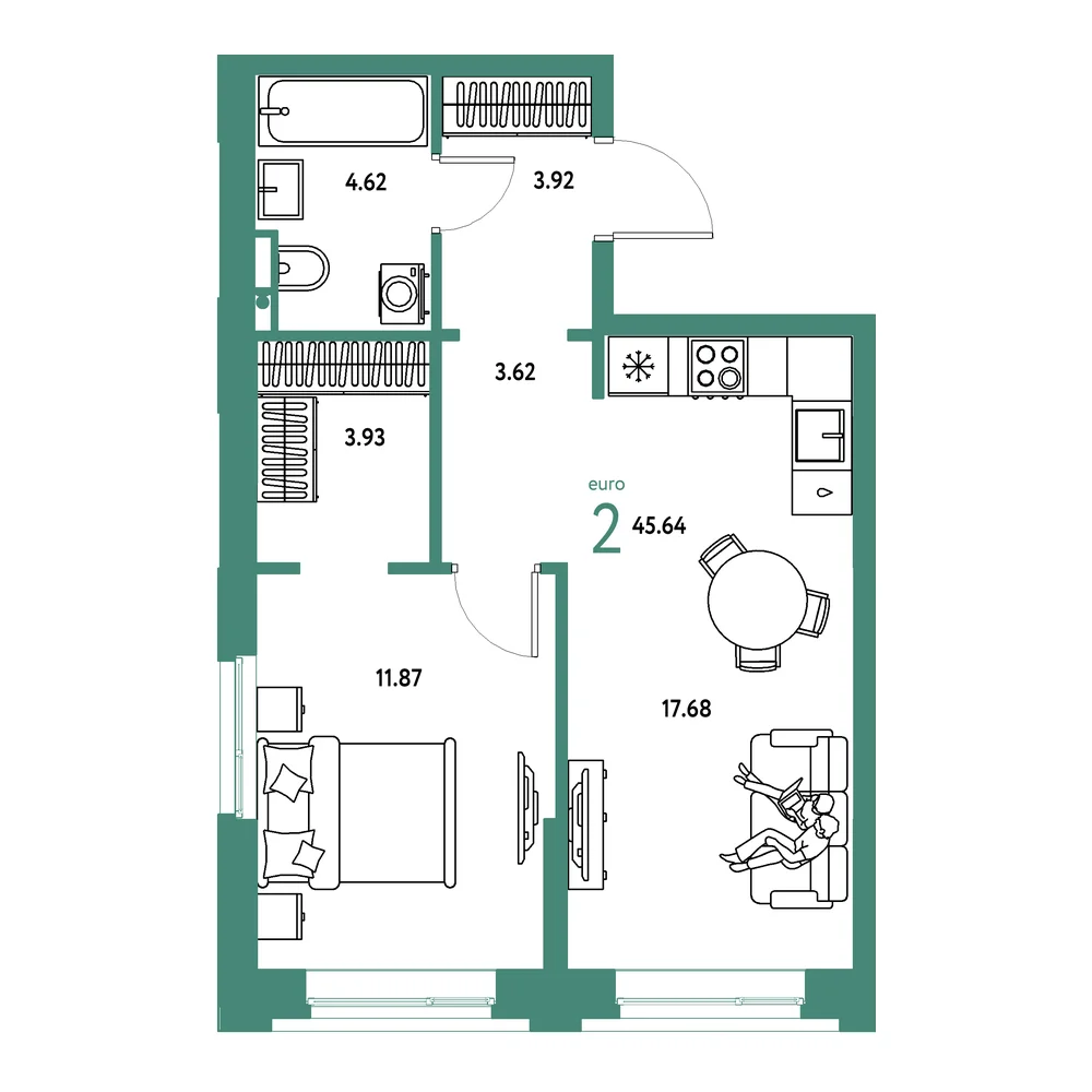 Планировка: Остров-сад 2-комнатная 45,64м²